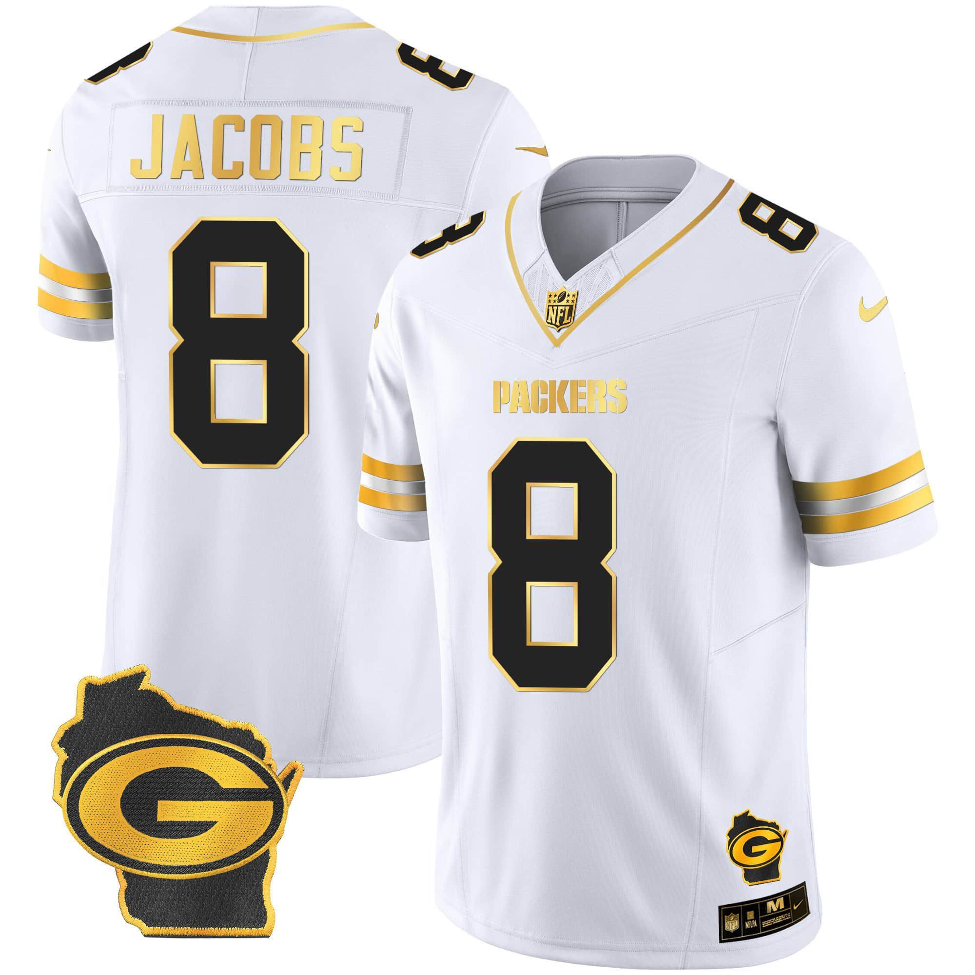 Men Green Bay Packers #8 Jacobs White Gold 2024 Nike Home Patch Vapor NFL Jersey